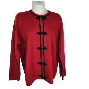 Talbots Cardigan Sweater Medium Red Black Velvet Trim Snap Toggle Merino Wool